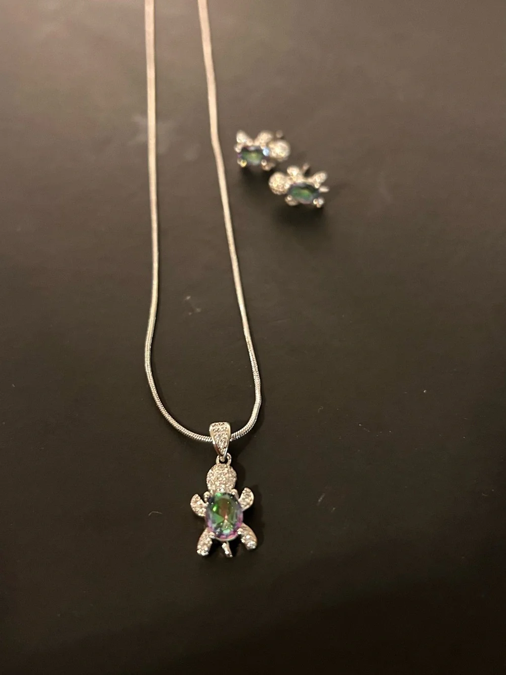 Silver Necklace and Earrings Set with Green Gem Accents